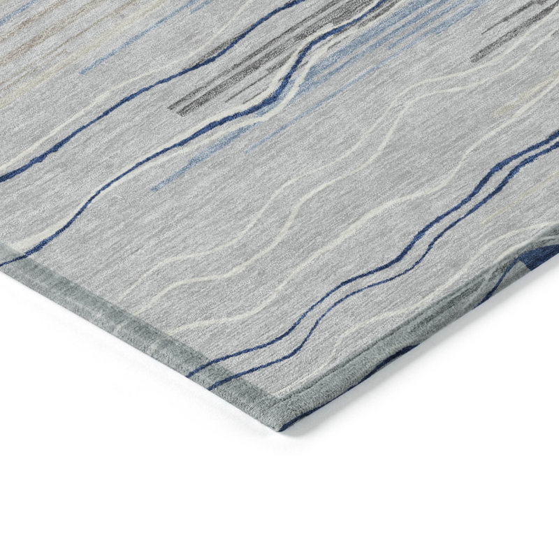 Tapis intérieur lavable rayé gris argenté et bleu 5 pi x 8 pi