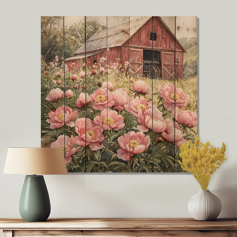 Pivoines par le tracteur Shed II - Décoration murale en bois de pivoines - sur bois de pin naturel