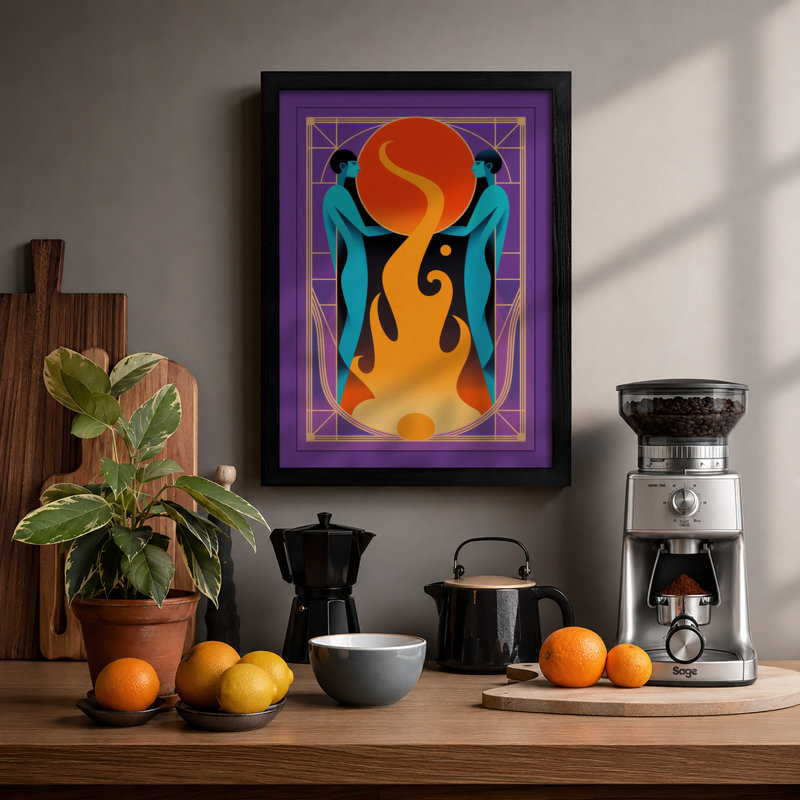 Figures Around Flame Modern - Framed Print, Black, A4 - 29.7 x 21.0 cm