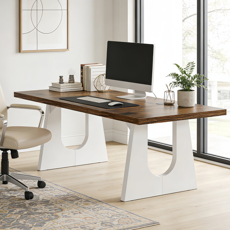 70.86-Inch Wood Executive Desk, Large Computer Office Desk With Thickened Tabletop And Wood Base For Home Office, Brown