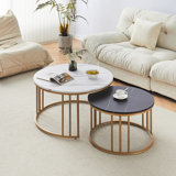Coffee Table Set, Nesting Coffee Table,Stacking End Side Table With Golden Metal Frame, Black