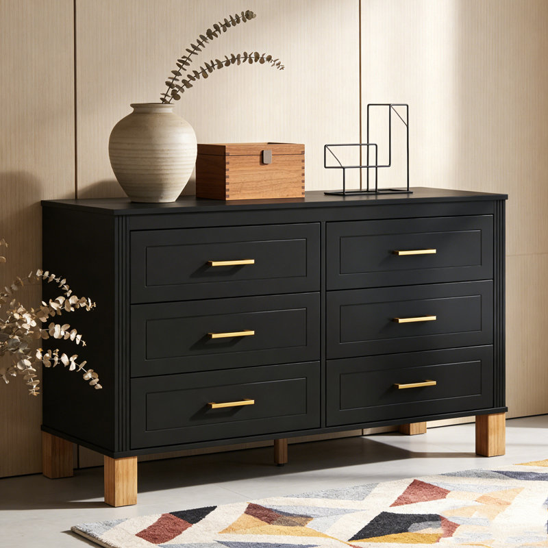 Modern Storage Cabinet with Metal Handles & Solid Wood Legs, Black