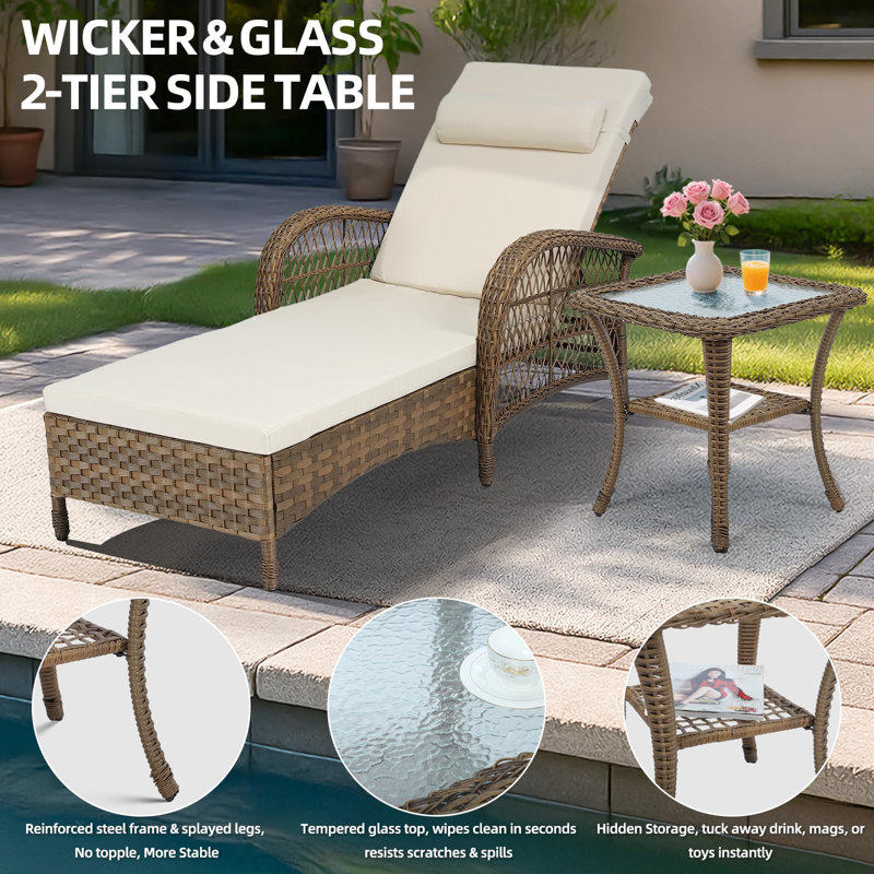 3 Pieces Outdoor Wicker Chaise Lounge Chair Set, All-weather Pe Rattan Cushioned Patio Lounger Set Of 2 With Side Table, Adjustable Pool Sunbathing Recliner With Armrest & Pillow, Beige