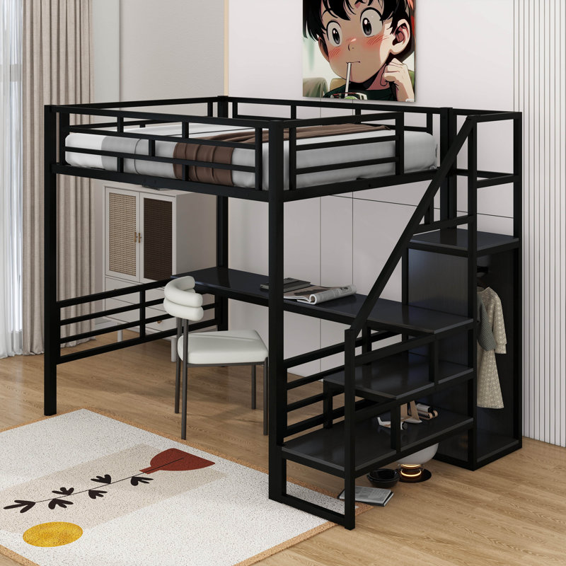Lit mezzanine double en métal avec bureau, escalier et garde-robe, Noir, noir, noir, noir