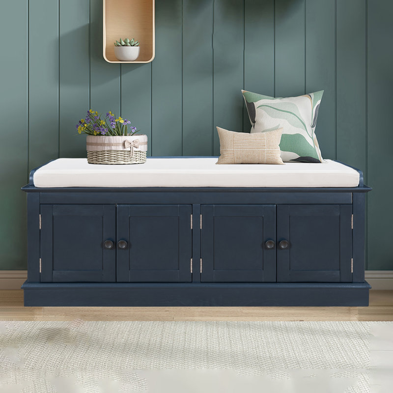 43" Wide Shoe Storage Bench With Cushion Entryway Bench Storage Bench, Blue