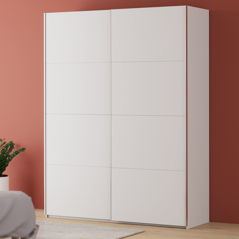 Modern wardrobe with 2 sliding doors, clothing rail and shelves, engineered wood, 235cm H x 180.1cm W x 61.2cm D, White
