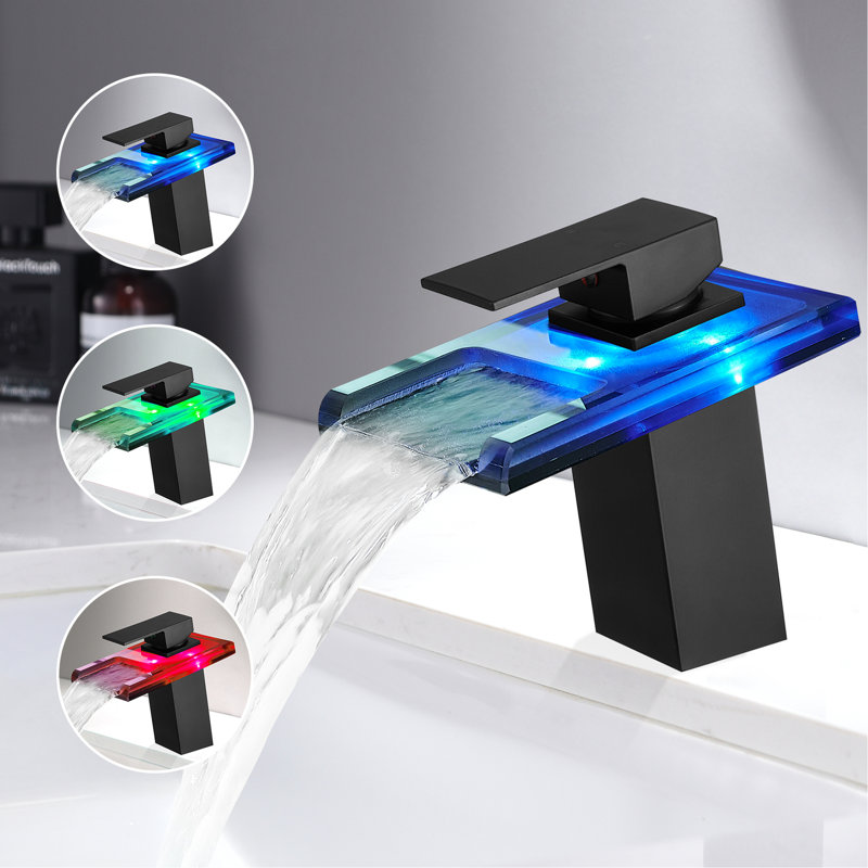 Robinet de salle de bain à DEL à changement de 3 couleurs, bec cascade, mélangeur d'eau froide et chaude, robinet de meuble-lavabo noir à une poignée et fixation sur le comptoir, robinet réglable