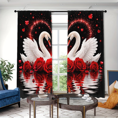 2PCS Romantic Swan and Rose Pattern Thin Light Filtering Curtains with Red Heart Sparkle Design, Valentine's Day Decor, Easy Hang Rod Pocket, All-Season Window Drapes for Home Living Room Bedroom Decoration