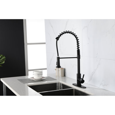 Pull-Out Spray Kitchen Sink Faucet - Stainless Steel, Matte Black, , Single Handle Operation Spring Black Head, For Water Control