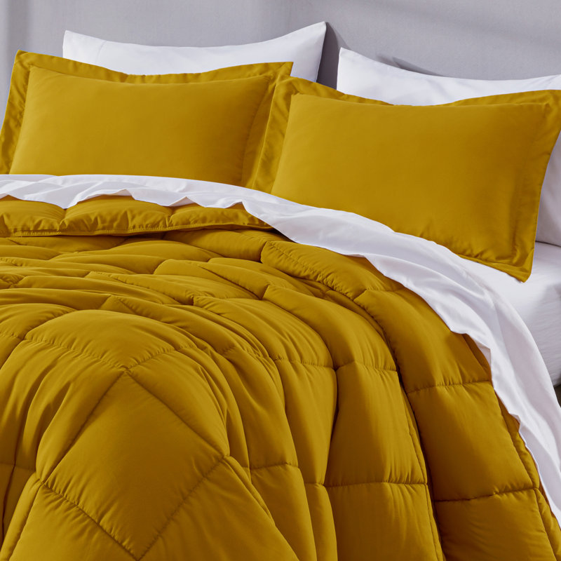 Peachskin Microfiber Bedding Box Stitch Comforter, Oversized Queen Comforter + 2 Pillow Shams, Mustard