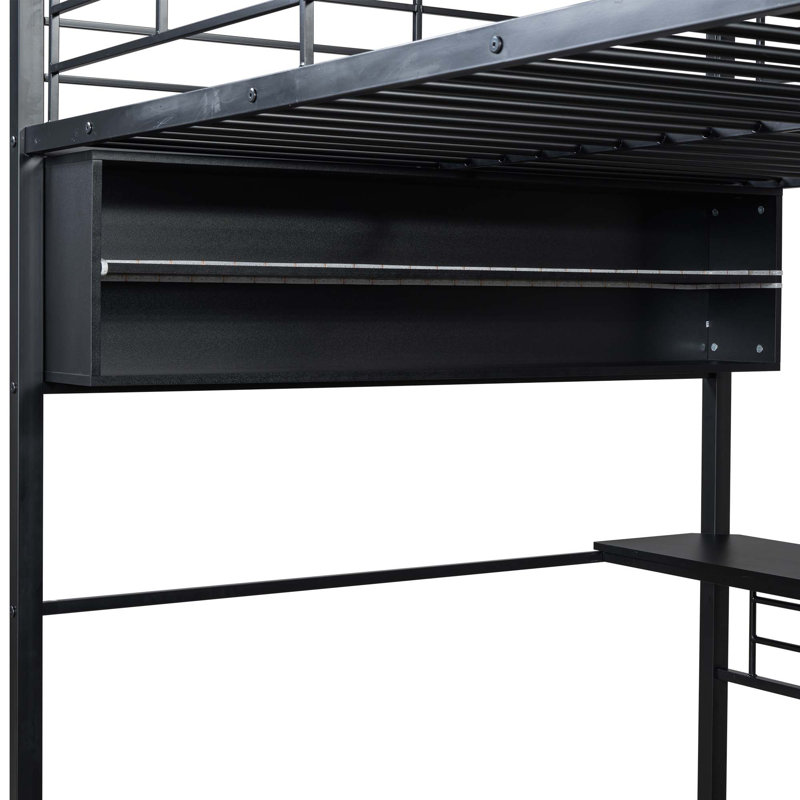 Lit mezzanine en métal avec DEL, bureau et 4 tablettes de rangement, Lit double