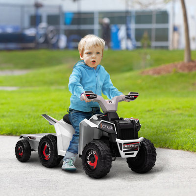 Kids ATV Quad Car With Back Trailer, 6V Electric Ride On Car With Forward Backward Function, Wear-Resistant Wheels For Toddlers Ages 18-36 Months, White