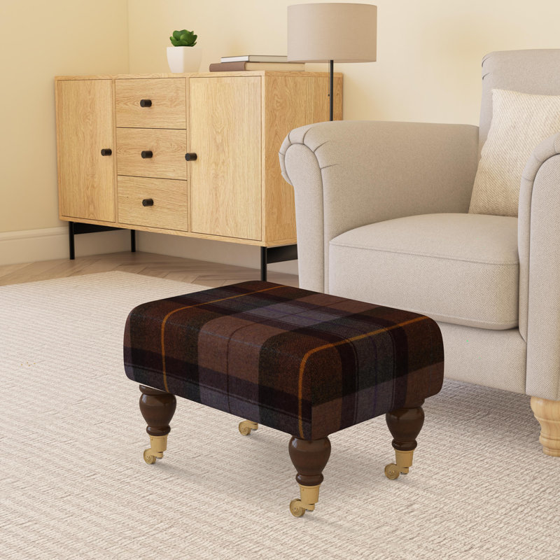 Tartan Material Large Footstools Wood Caster Leg - Tartan - Merlot Pinky Purple, Mahogany