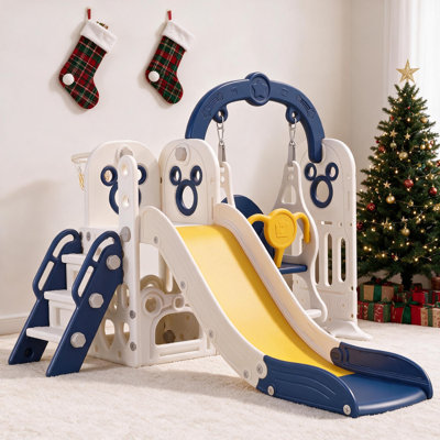 Ensemble de jeux 6 en 1 pour enfants avec glissade, balançoire, panier de basketball et rangement, jouet d'intérieur et d'extérieur pour les enfants de 3 ans et plus, idéal pour la maison et le jardin.