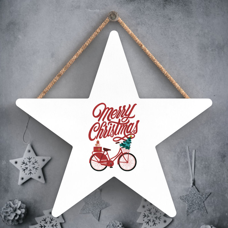 Xmas Merry Christmas Bicycle Wooden Star Plaque