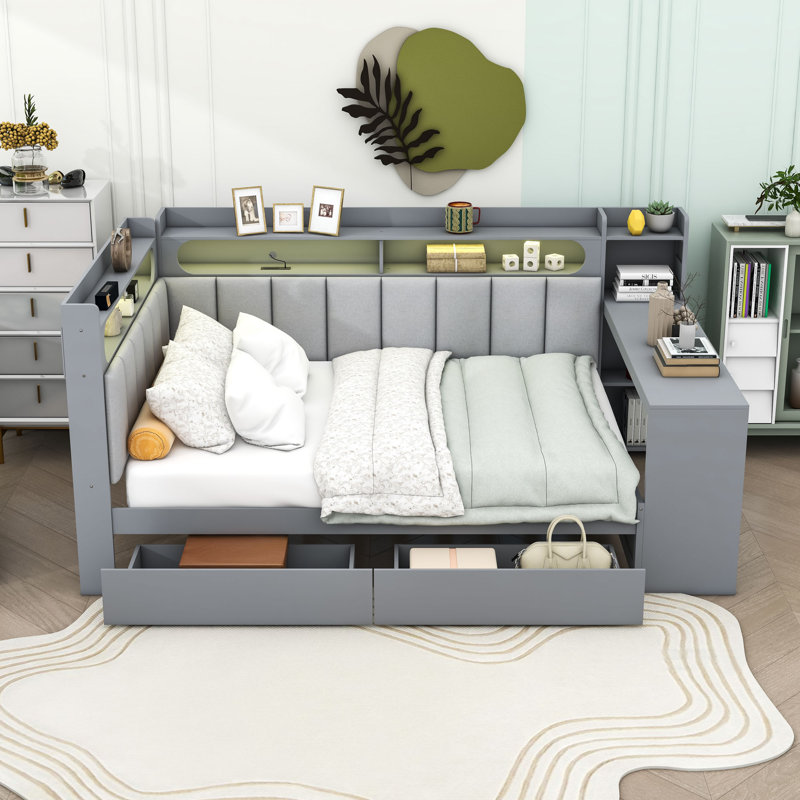 Lit de jour double avec tablettes, tiroirs, lumière DEL et bureau, Gris
