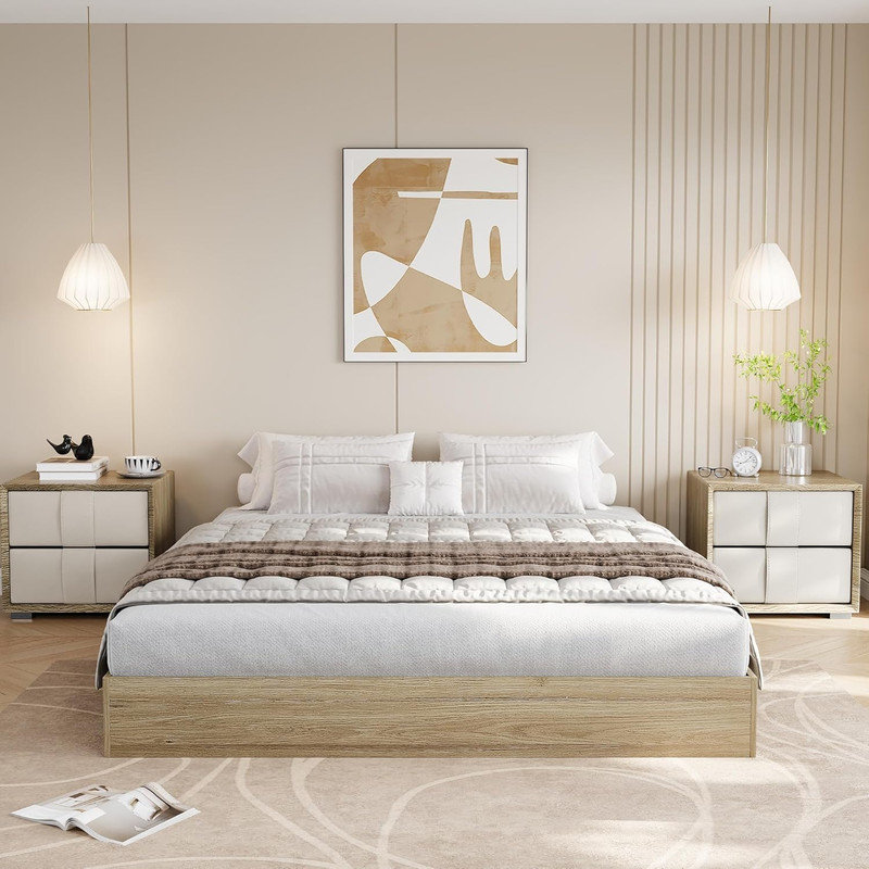 Modern Minimalist Wood Platform Bed Frame, Sturdy Floor-Standing Noise-Free Bed No Headboard, Yellow, Queen