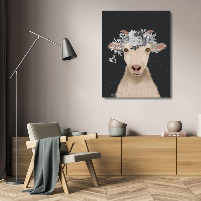 Art graphique sur toile tendue August Grove® Fab Funky Gallery, chèvre 1, fleurs blanches, H 24 po x l 20 po