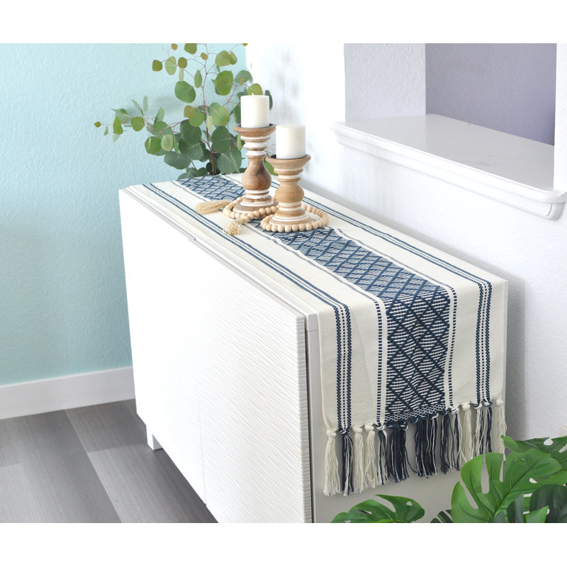 Mustard Yellow and Cream Cotton Boho Table Runner with Tassels
