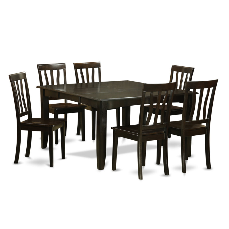 Ensemble de salle à manger 7 pièces composé d'une table de salle à manger carrée avec rallonge papillon et 6 chaises de cuisine, cappuccino