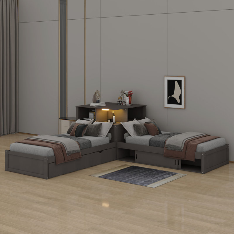 Lit plateforme en L avec éclairage à DEL et armoires, cadre de lit plateforme en bois avec lit gigogne et bureau, Gris