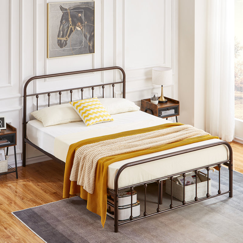 Base de lit grand avec tête de lit et pied de lit Kempst, cadre de lit plateforme en métal classique, sommier avec support à lattes en métal robuste, aucun sommier requis, silencieux