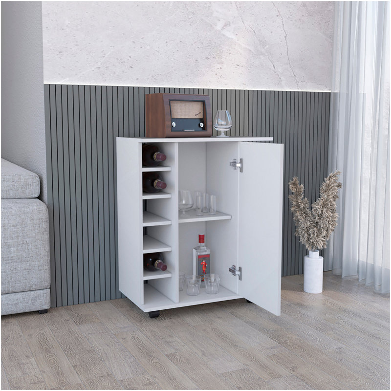 Chariot-bar Lothian avec roulettes, 2 tablettes de rangement latérales et un support pour 6 bouteilles de vin