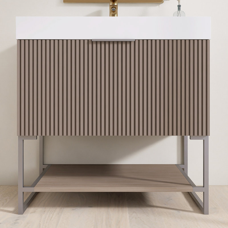 30 po X P 19,7 po P x 33,5 po Meuble-lavabo autoportant en chêne brun H avec lavabo en acrylique blanc H