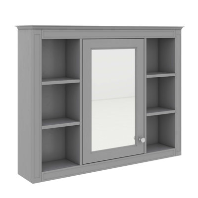 Armoire à pharmacie murale, armoire de rangement de salle de bain avec porte miroir et 6 tablettes ouvertes réglables