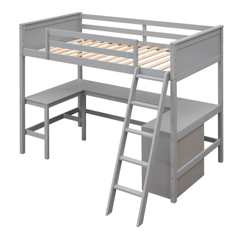 Loft Bed with Built-in Desk and Shelves, Multi-Functional Wooden Frame for Study and Storage, Grey