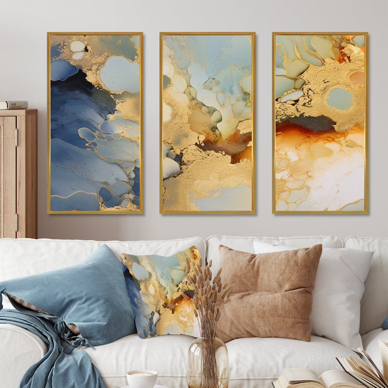 Ensemble de décorations murales abstraites à l'encre liquide, Cadre flottant doré, H 40 po x l 60 po x P 1 po