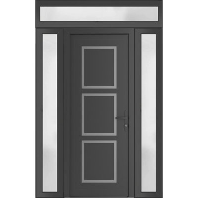 Front Exterior Prehung Metal-Plastic | Manux 8661 Antracite Grey | 2 Side and Top Sidelite Transom | Office Commercial and Residential Doors Entrance Patio Garage 64" x 94" (W14+36+14" x H80+14") Right hand Inswing