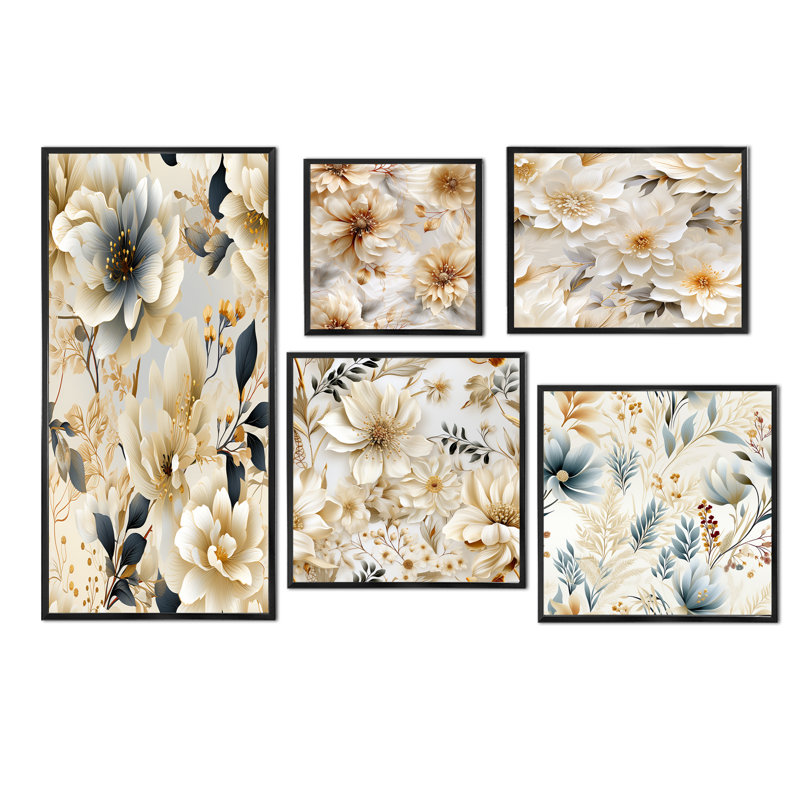 Apolline - ensemble de 5 impressions murales florales, Cadre flottant noir