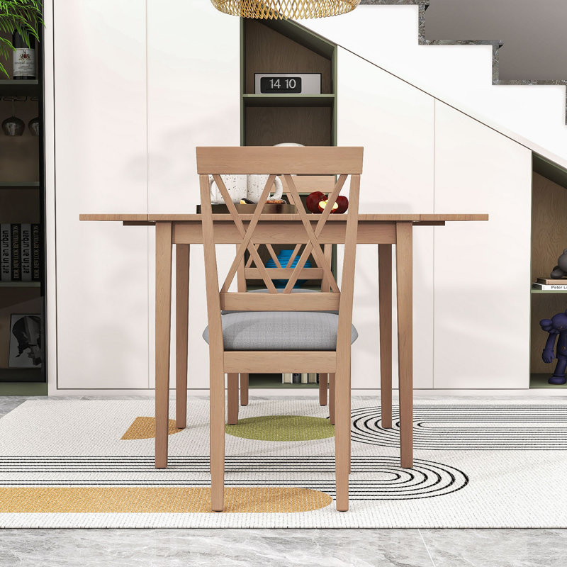 Ensemble de table de salle à manger 3 pièces peu encombrant avec abattants et chaises rembourrées pour petite place, Naturel