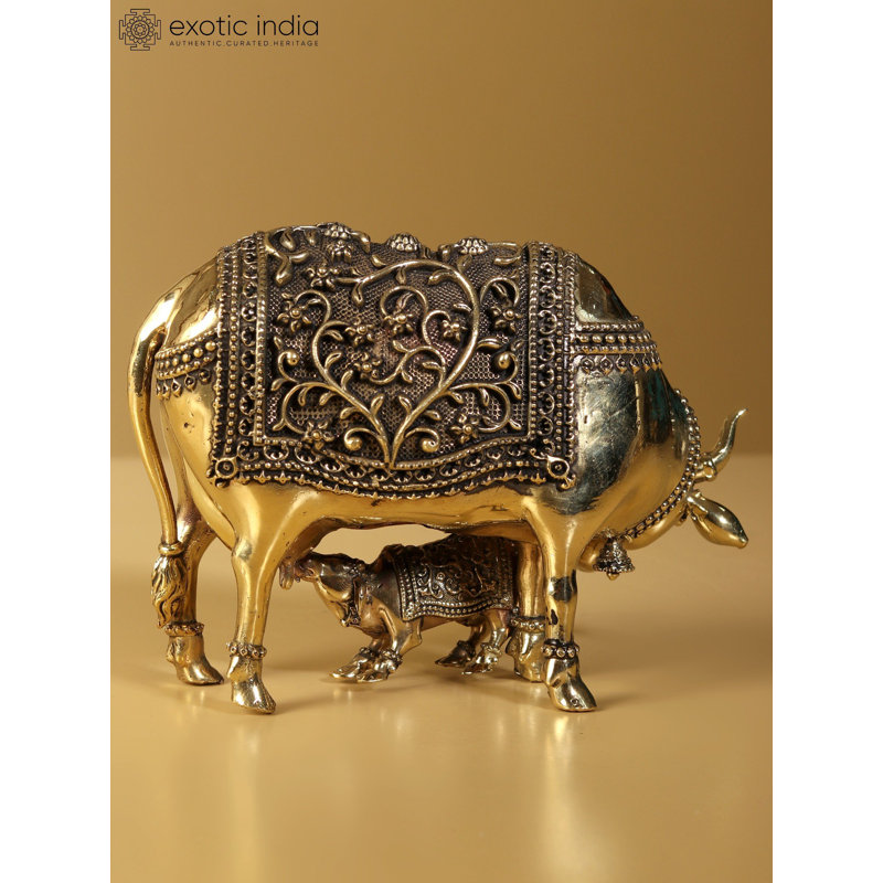 Petite statue de vache et de veau en laiton