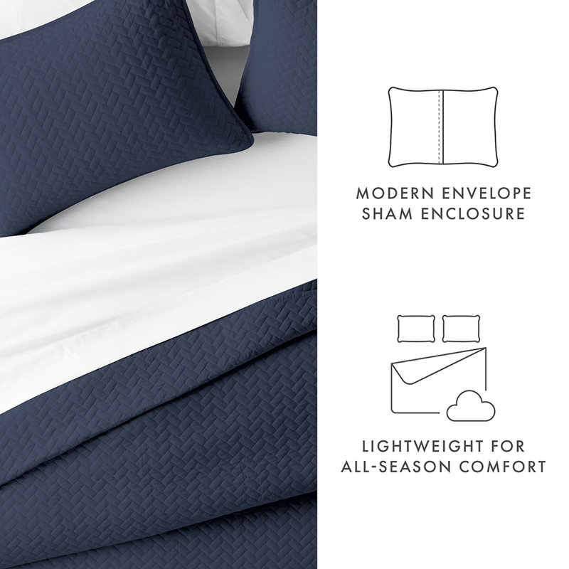 Quilt Coverlet Set All Season Microfiber Contemporary Ultra Soft Bedding in Herringbone Stitch, Navy
