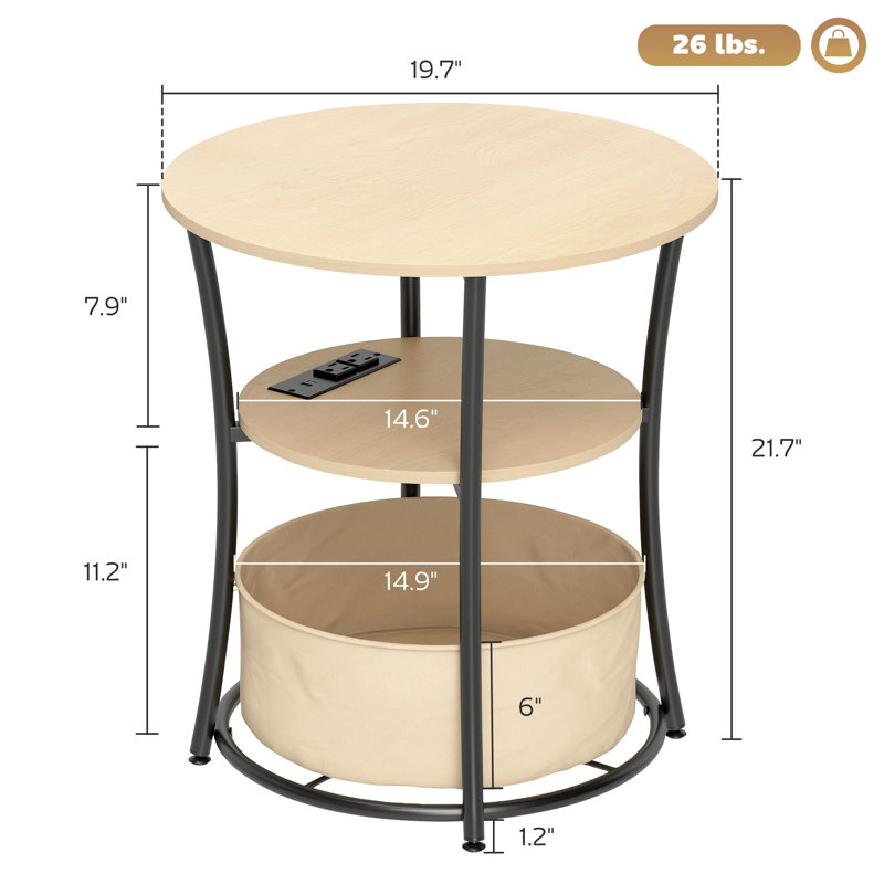 Hemcemer 19.7" W x 19.7" D x 21.7" H 3-Tier Round Manufactured Wood End Table with Charging Station
