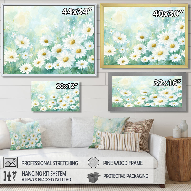 Daisy Field Charm In Summer II - Daisy Wall Art Living Room, 16" H x 32" W, Picture Framed Print, Noir