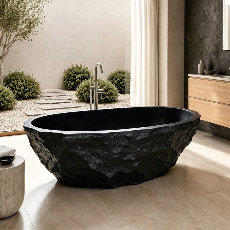 Baignoire profonde autoportante à surface solide de 67,5 po x 32 po, finition brute de style travertin