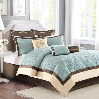 King Bed Comforter In Blue, Made Of Charmeuse With Embroidered Pillows 9 Piece Blue For Bed, Three Decorative And Euro Shams