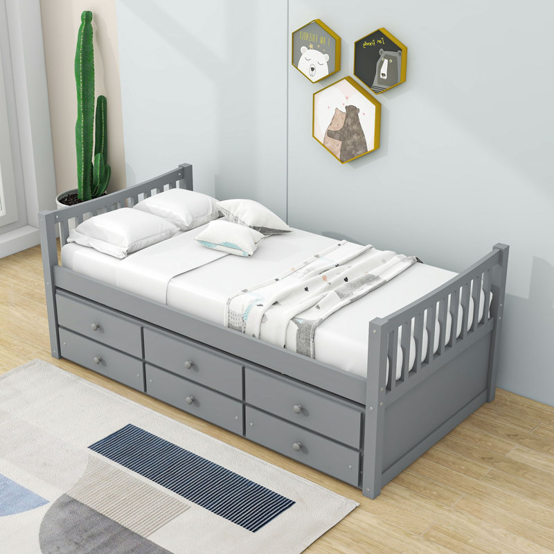 Badi Kids Twin Platform with Trundle with Drawers, Gray