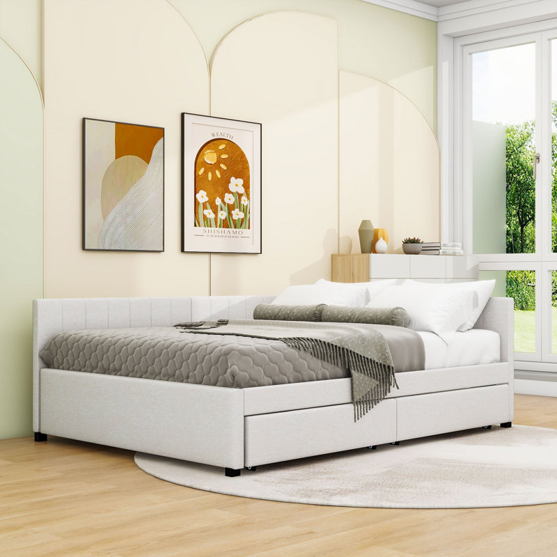 Tayson Full 2 Drawers Upholstered Daybed, Beige