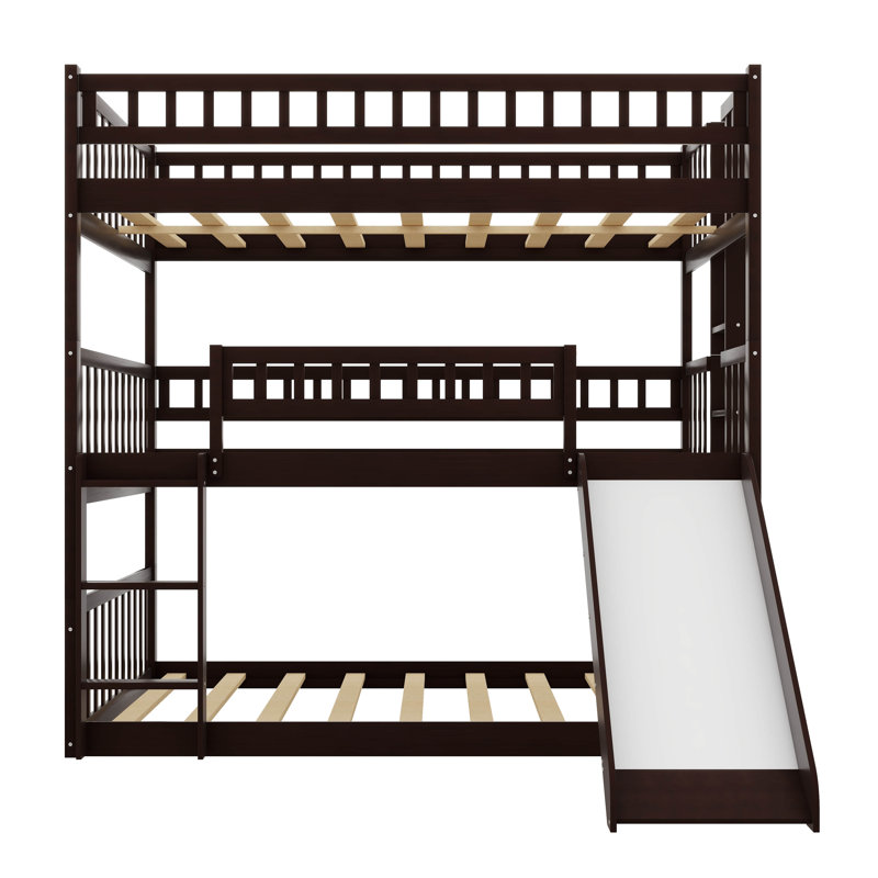 Triple Full-Size Stacked Bunk Bed With Built-In Ladder And Slide, Espresso