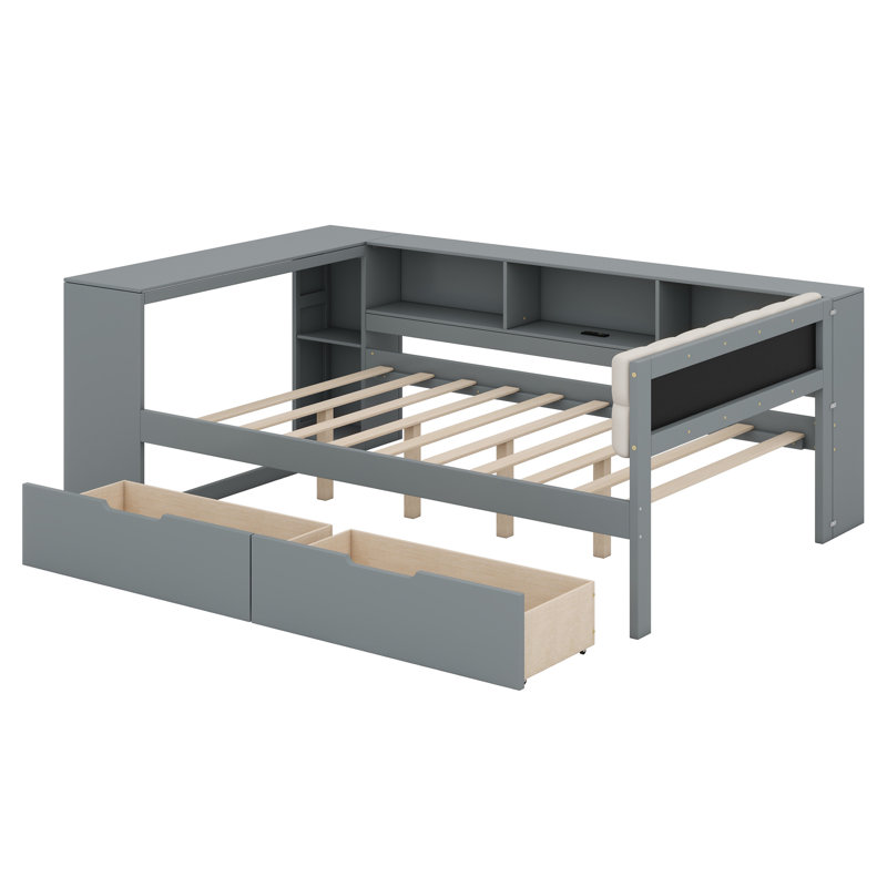 Lit plateforme avec tablettes de rangement, tiroirs, station de charge et tête de lit tapissier, Double, Gris
