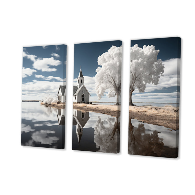 «Landscape Church Sacred Reflections II» sur toile, reproduction de 3 pièces, H 28 po x l 36 po x P 1 po