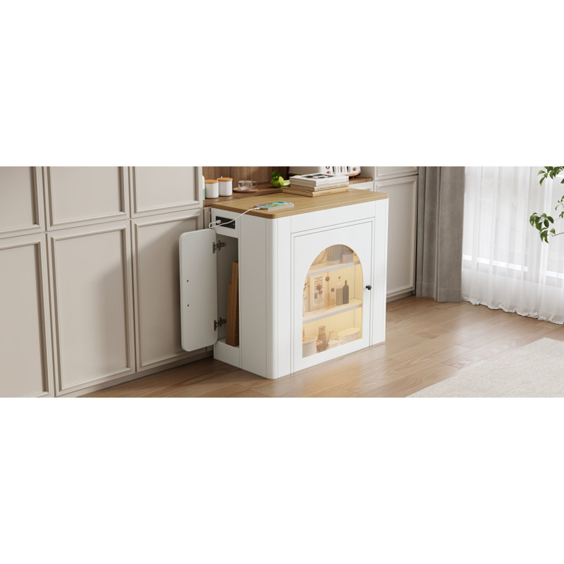 Table de salle à manger extensible Trexm avec 3 rallonges amovibles, table d'îlot mobile avec prise de courant, armoire avec rangement pour la salle à manger et le salon (blanc crème et naturel)