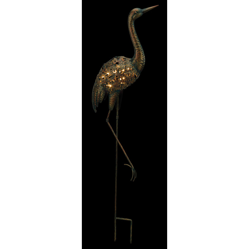 Distressed Copper Solar Powered Metal Crane Garden Stake
