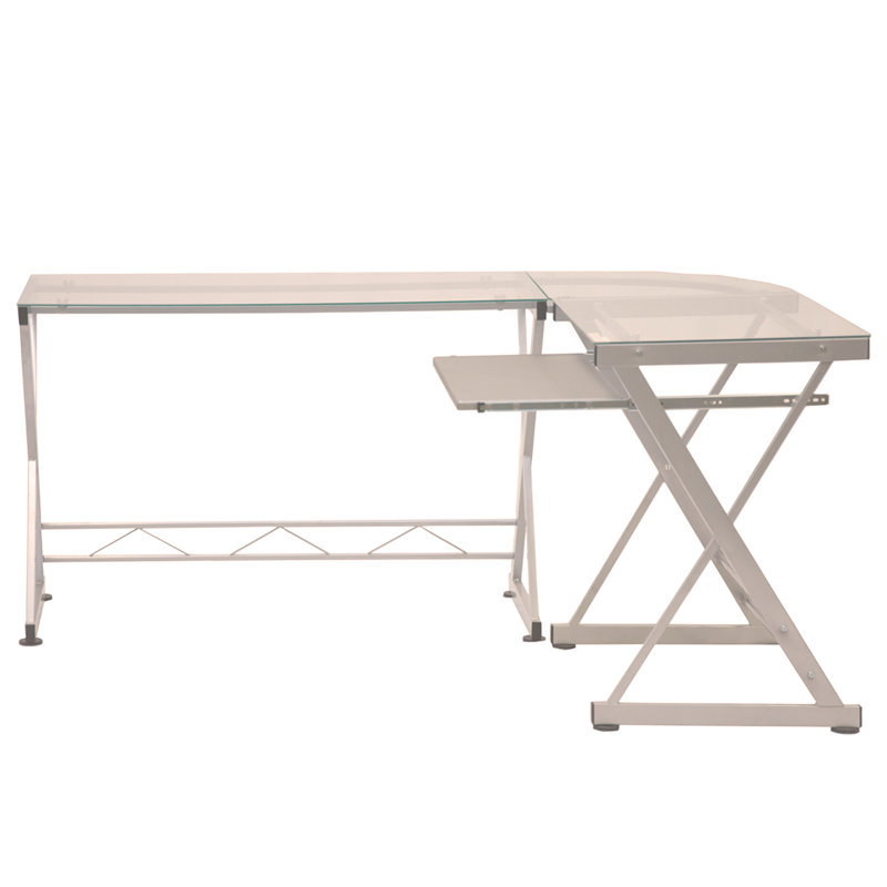 L-Shaped Tempered Glass Top Computer Desk with Pull Out Keyboard Panel, Clear/White