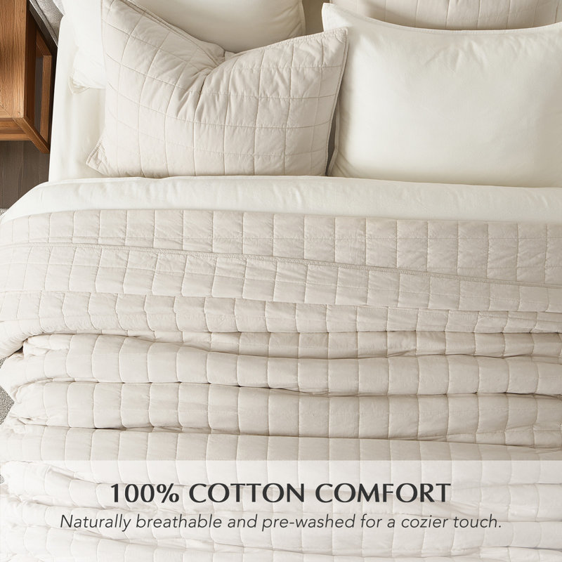 100% Cotton Box Stitch Quilt Set, Queen Quilt + 2 Queen Shams, Birch