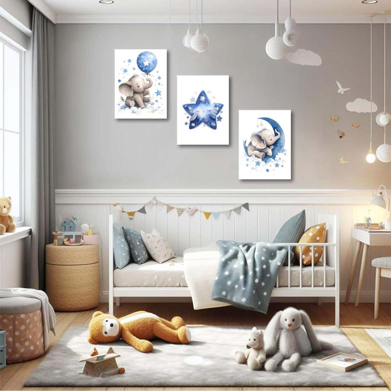 Elephant Nursery Wall Decor,Blue Moon And Stars Picture Painting,Baby Girl Room Decor,Nursery Canvas Wall Art,Cute Animal Poster Prints Set Of 3 For Bedroom 16X24 Framed